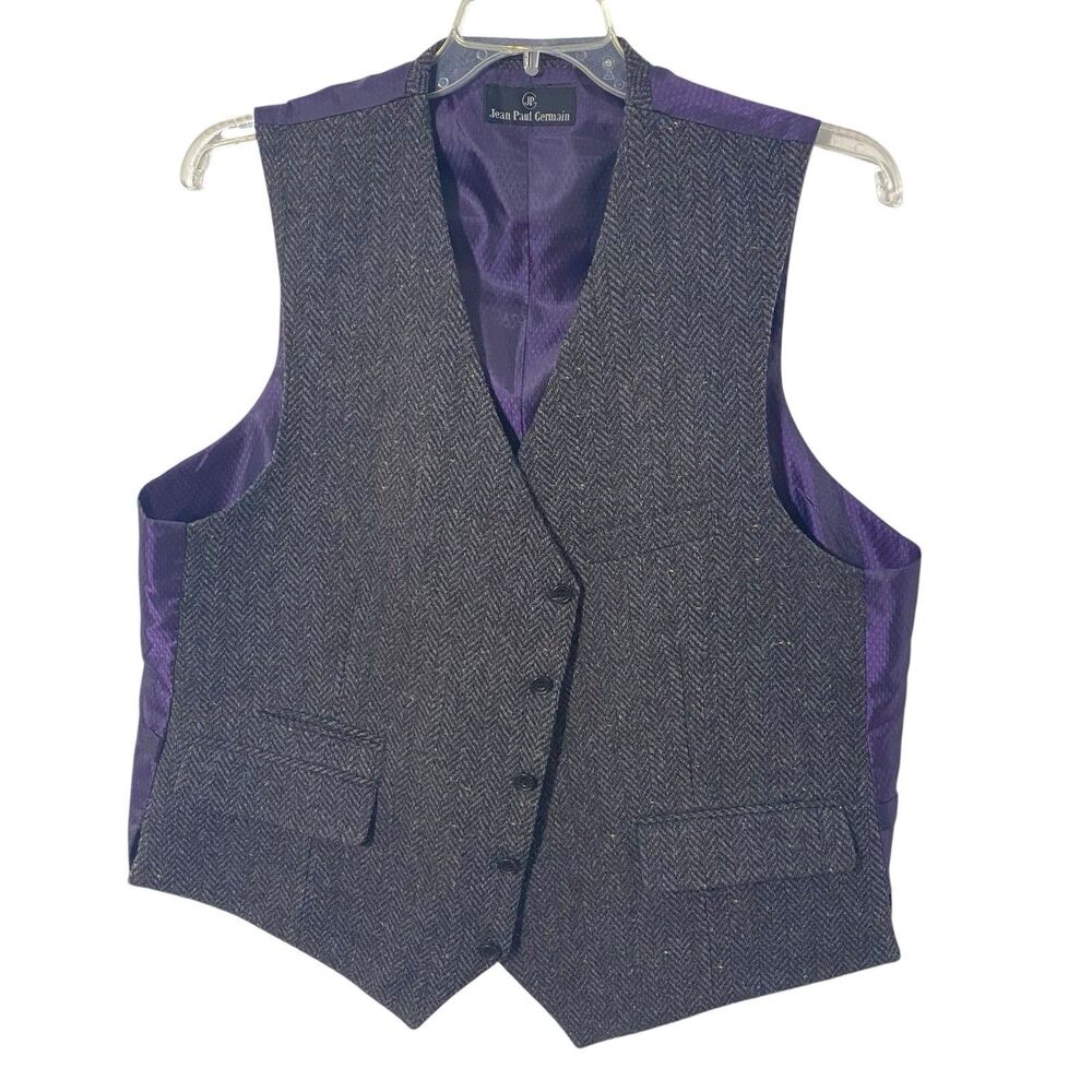 Jean Paul Germain 100% wool Vest xl Mens Herringbone Brown Blue flecks V Neck
